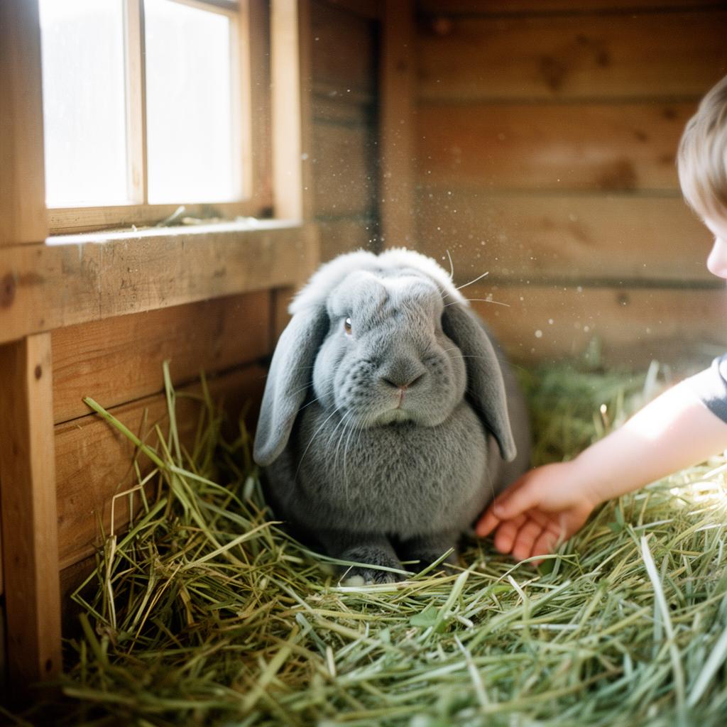 A child gently holding a rabbit in the barn