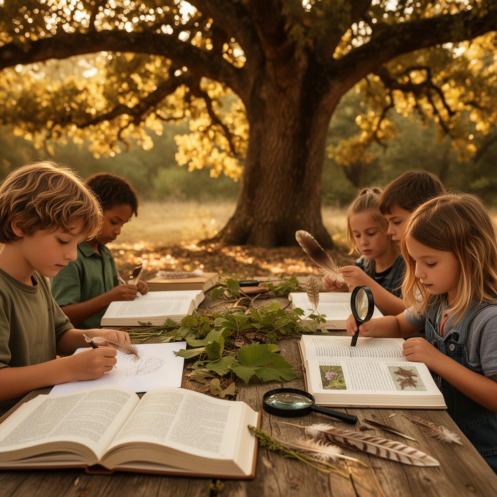 Children learning together outdoors with nature journals, magnifying glasses, and field guides under a tree